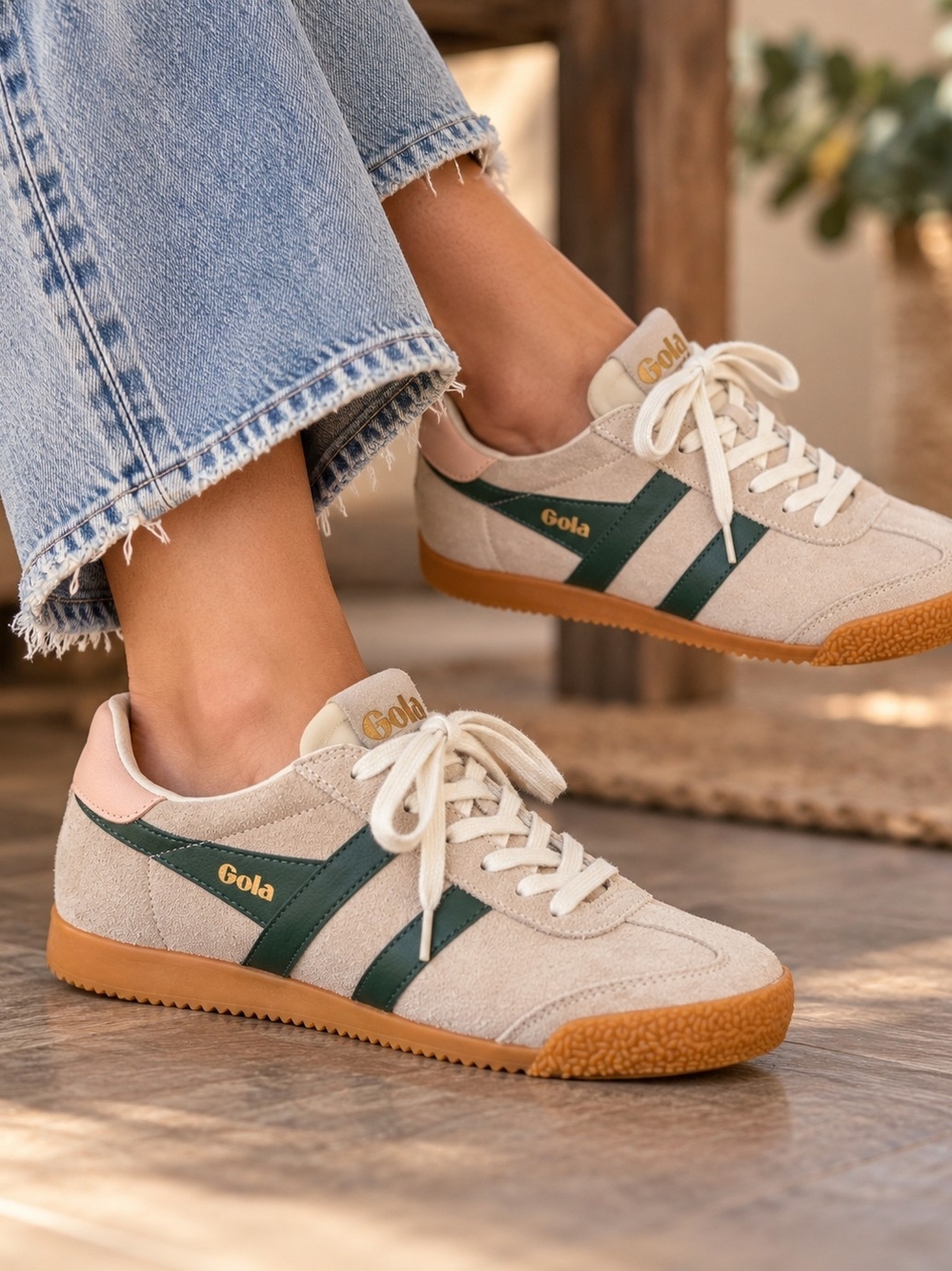 Gola Elan Suede Sneakers Wheat Evergreen Pearl Pink Gum Sole 7.5